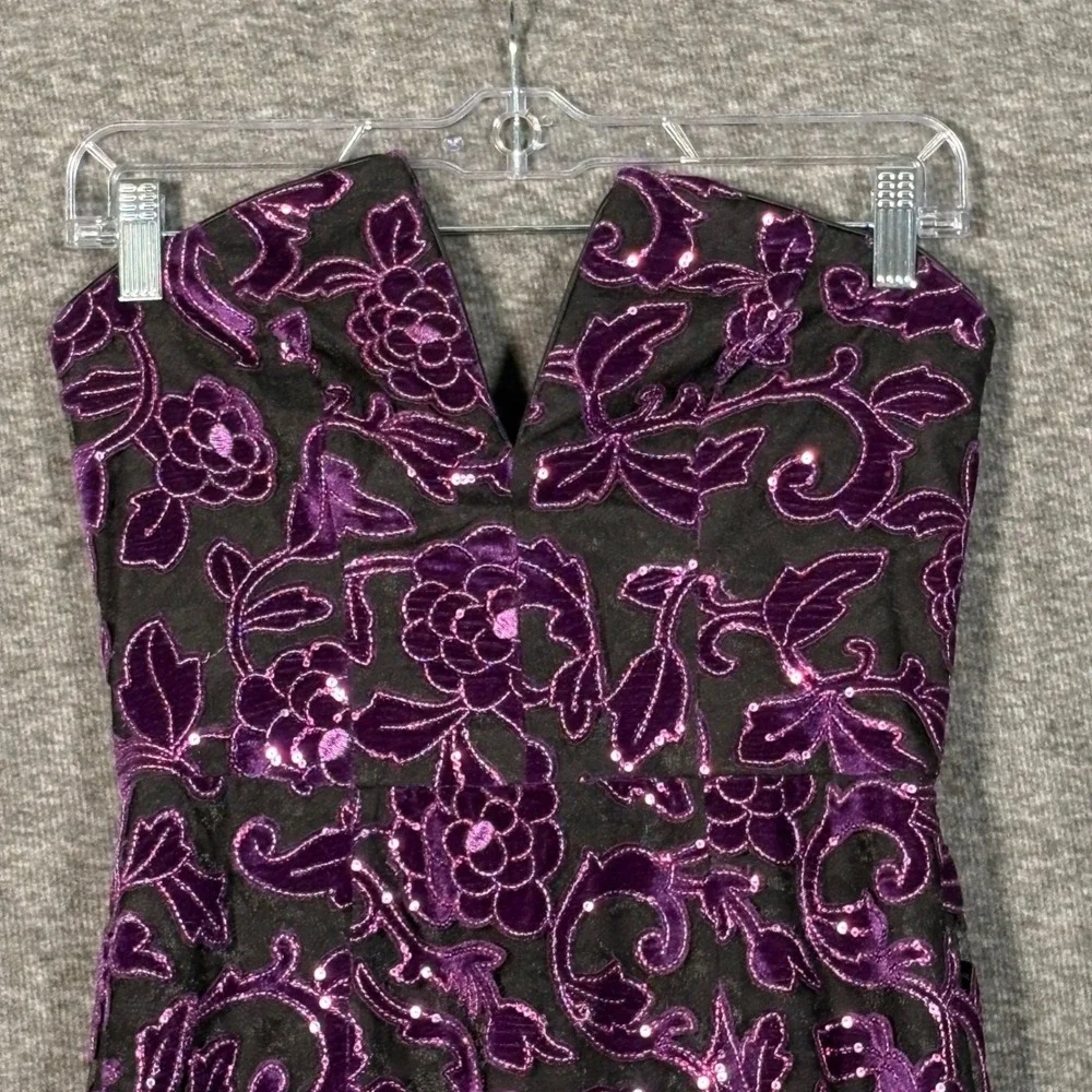Dress The Population Fernanda Gown Midnight Plum Strapless Floral Sequin Small - Picture 3 of 14
